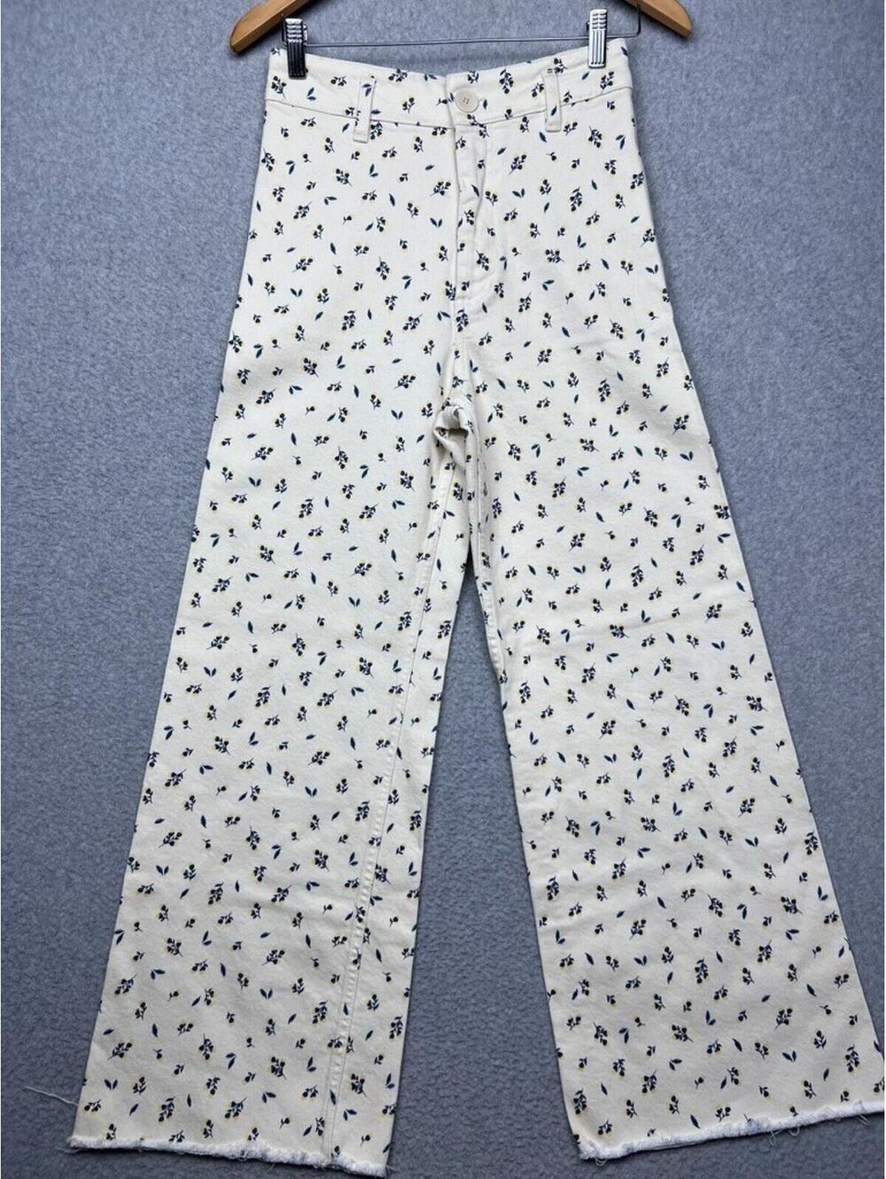 Zara The Marine Straight Jeans Womens 6 Floral High Waist Raw Hem Wide Leg Pants